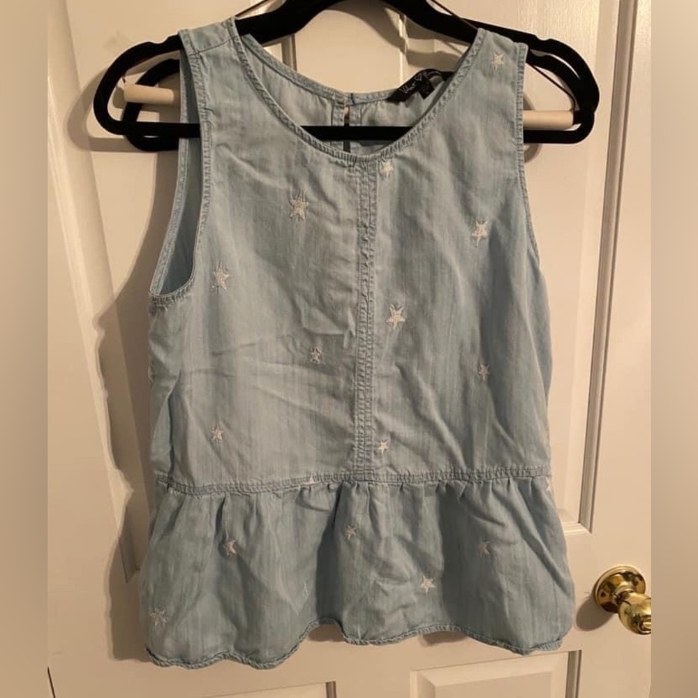 Denim baby doll tank top with star embroidered detail